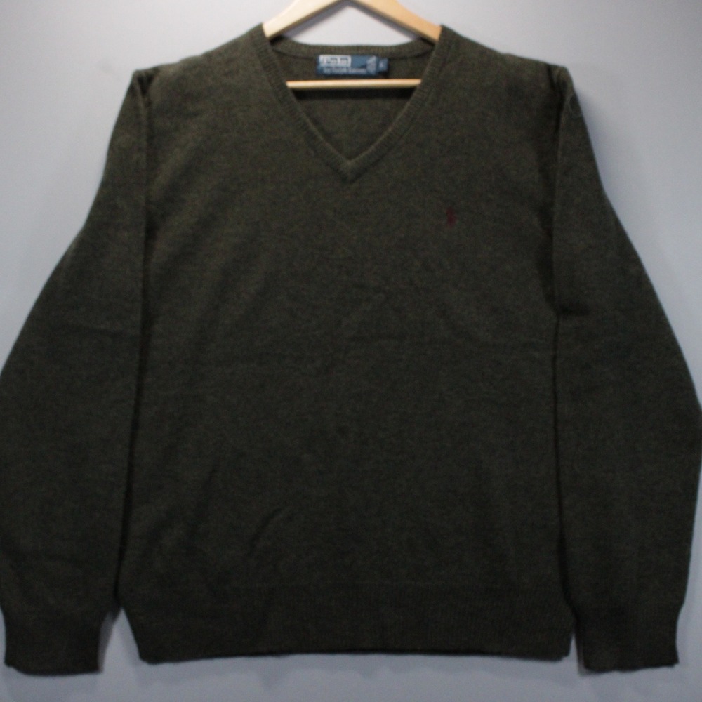 Polo Ralph Lauren Mens Green 100% Italian Lambswool Soft V-Neck Sweater Large